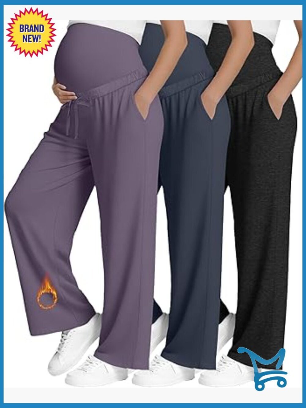 3 Pack Fleece Lined Maternity Pants Wide Leg with Pockets Adjustable Drawstring